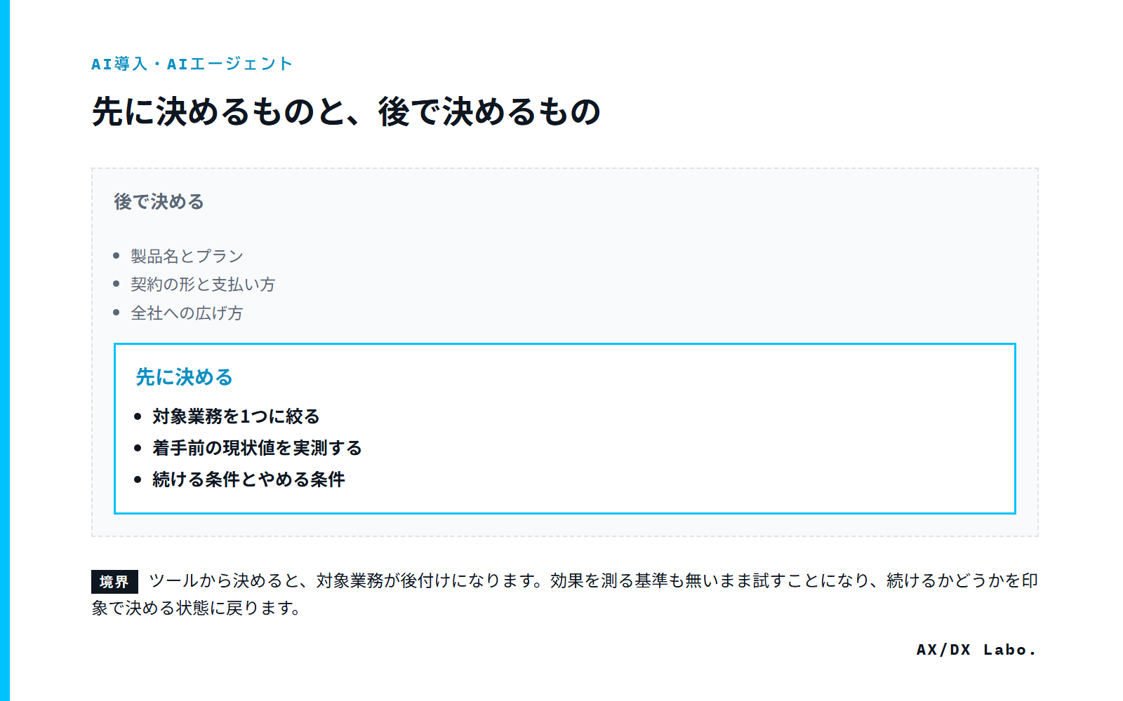 先に決めるものと、後で決めるもの(内側 3 項目・外側 3 項目の範囲図)
